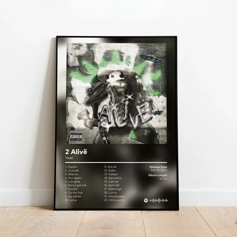 Black-framed custom music album cover hip hop wall art featuring yeat 2 alivë graffiti design in green and gray tones