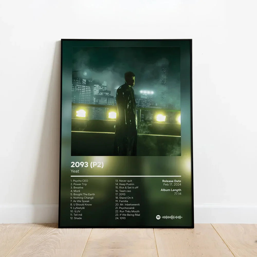 Black-framed custom music album cover hip hop wall art canvas featuring a moody man on rooftop at night with city lights