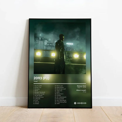 Black-framed custom music album cover hip hop wall art canvas featuring a moody man on rooftop at night with city lights