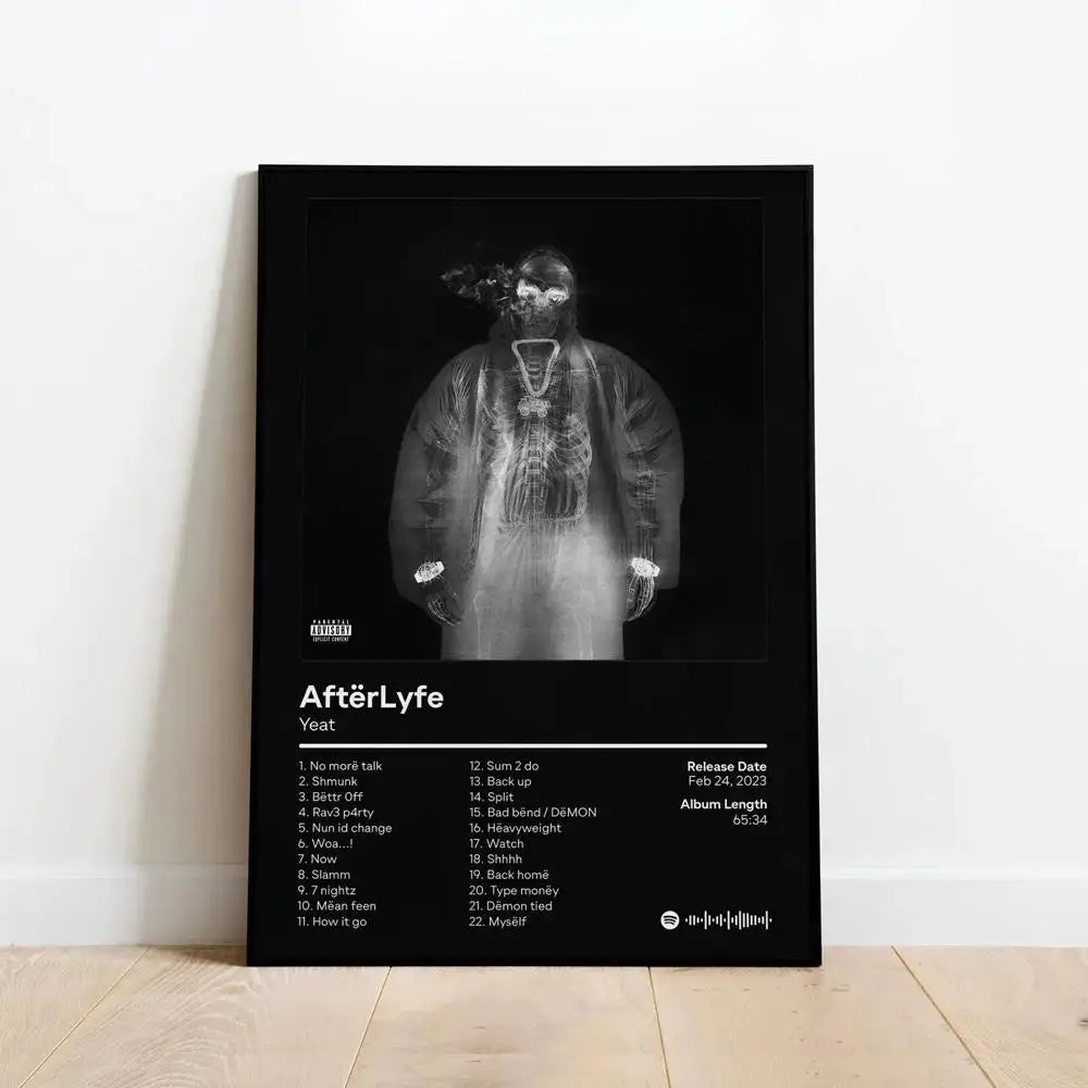 Black-framed custom music album cover hip hop wall art featuring yeat x-ray style aftërlyfe tracklist poster print