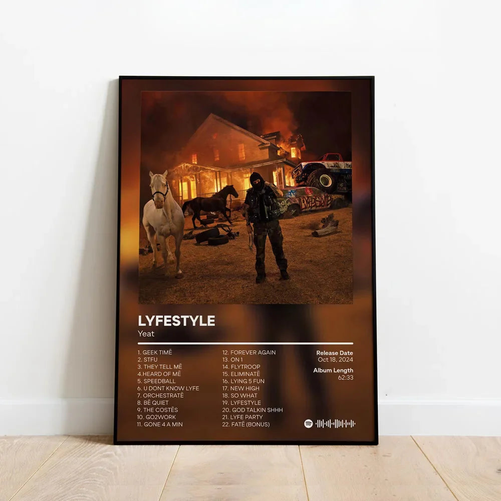 Black-framed custom music album poster featuring yeats lyfestyle album cover hip hop wall art with fiery horses scene