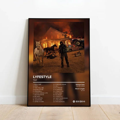 Black-framed custom music album poster featuring yeats lyfestyle album cover hip hop wall art with fiery horses scene