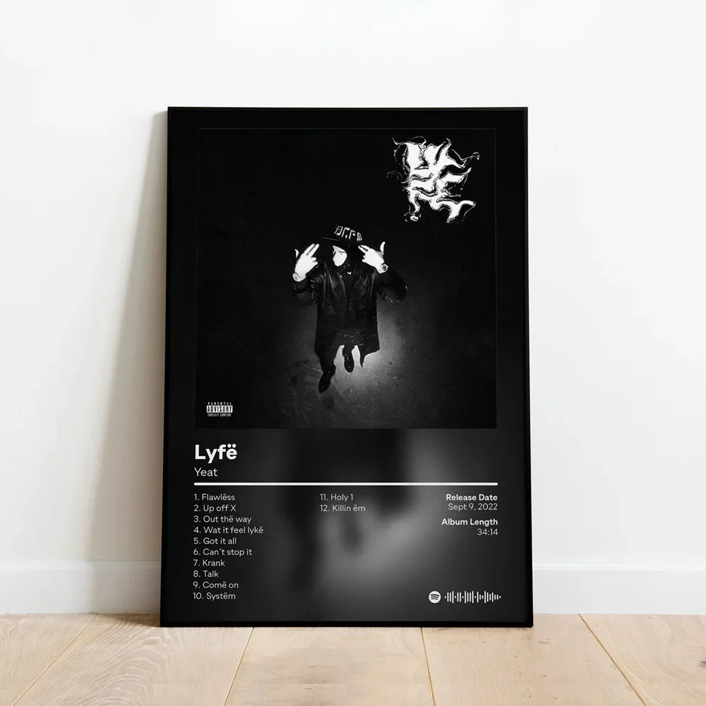 Black-framed custom music album cover hip hop wall art with monochrome yeat design on canvas for living room decor