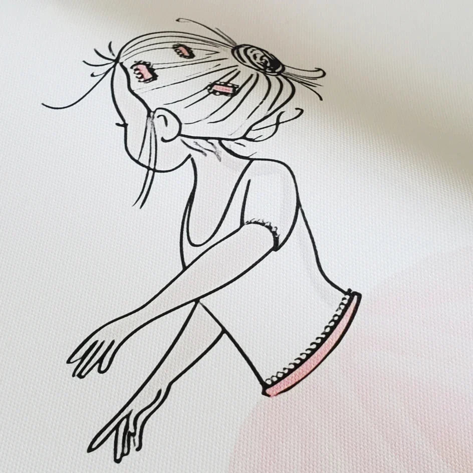 Delicate line drawing of a girl in ballet pose with pink accents on custom music album hip hop wall art canvas print