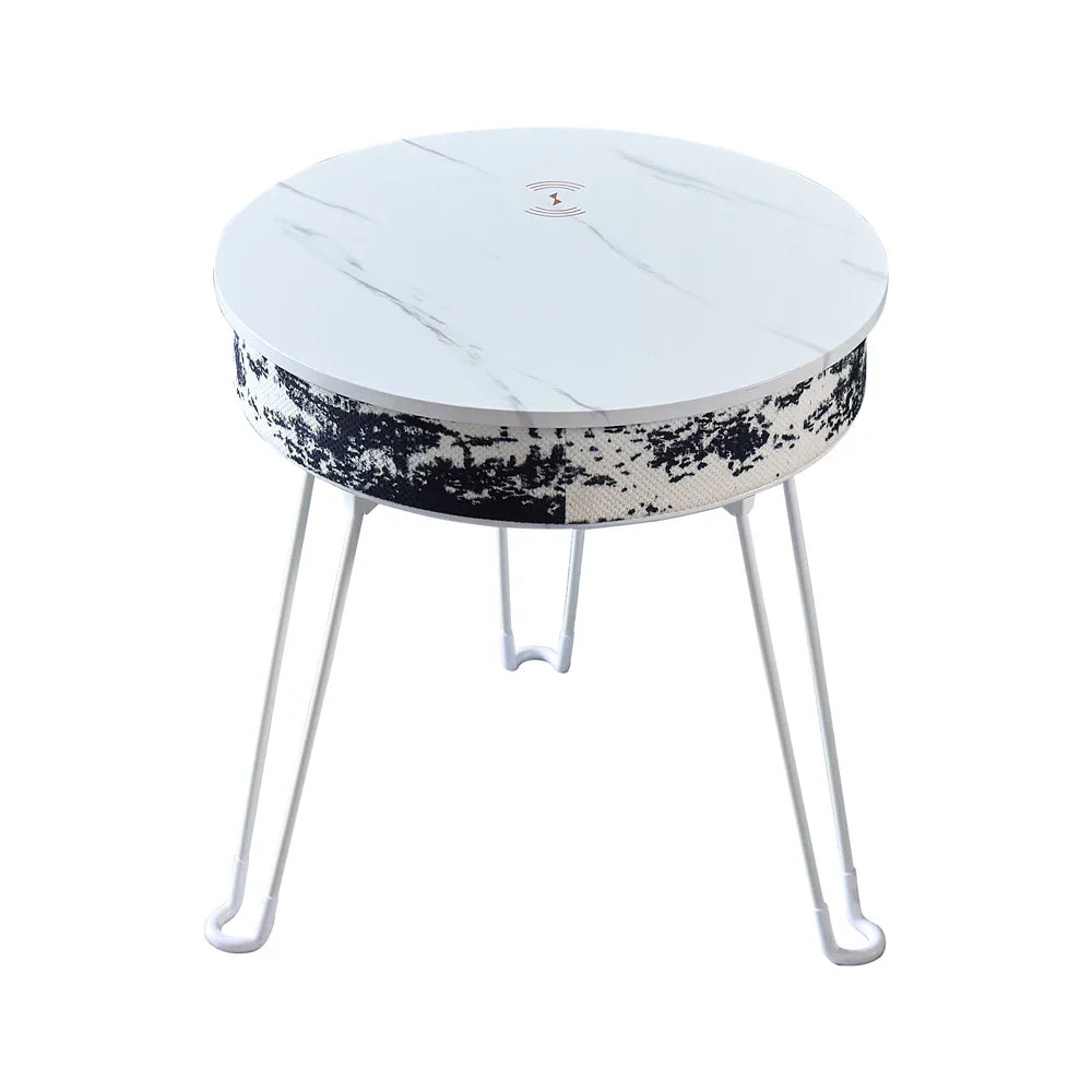 White marble-effect customizable smart music coffee table multifunctional with textured banding and wireless charging foldable legs