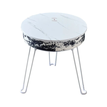 White marble-effect customizable smart music coffee table multifunctional with textured banding and wireless charging foldable legs