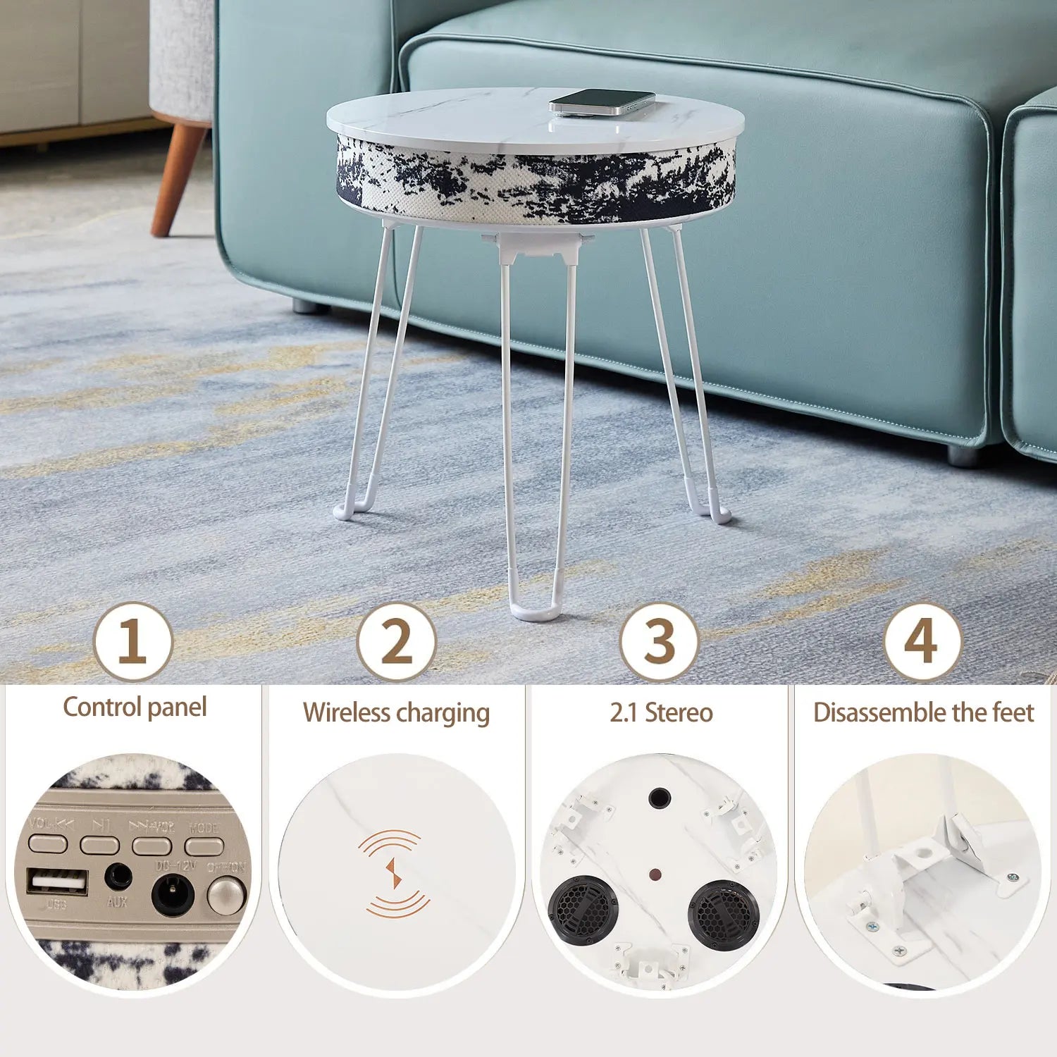 White marble-effect customizable smart music coffee table multifunctional with black and white sequined trim and metal legs