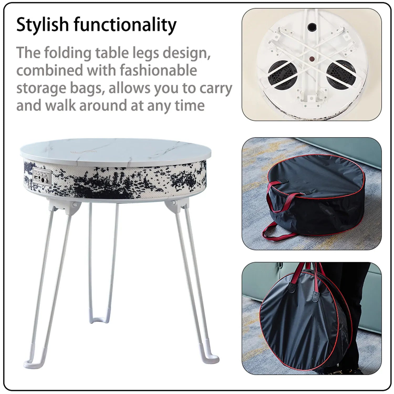 Customizable smart music coffee table multifunctional white marble-effect with black speckles and wireless charging foldable design