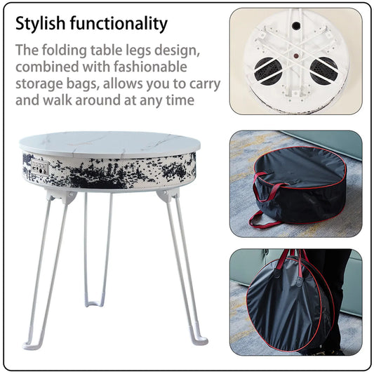 Customizable smart music coffee table multifunctional white marble-effect with black speckles and wireless charging foldable design
