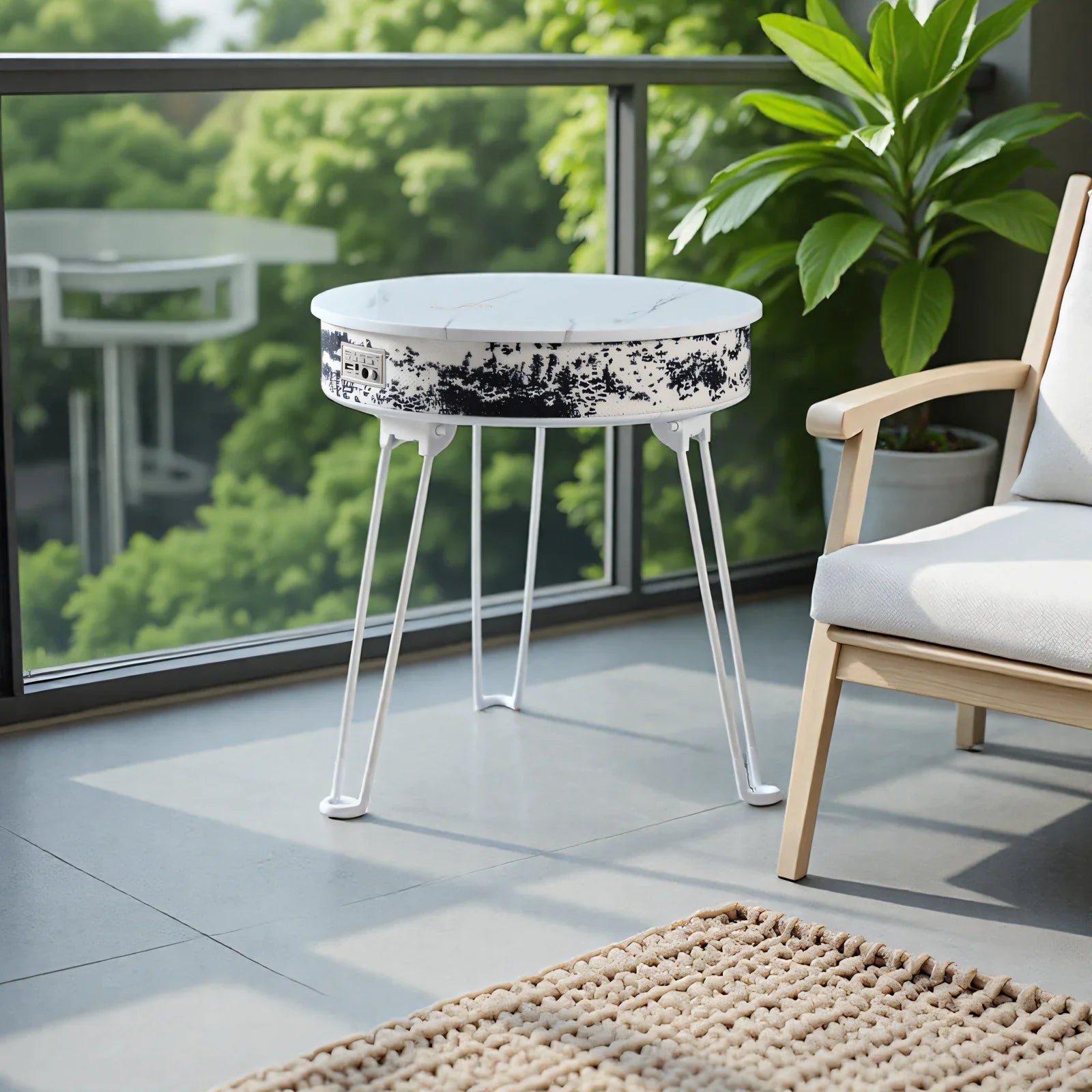 White round customizable smart music coffee table multifunctional with black botanical print and wireless charging foldable design