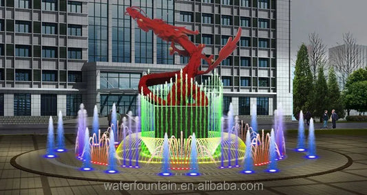 A vibrant red dragon sculpture decorates a multi-colored led-lit customized music and dance water fountain for garden square park