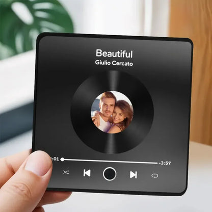 Black square custom music album magnet with vinyl design and personalized photo for best christmas gift on refrigerator