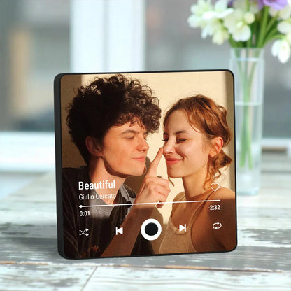 Black-framed digital photo frame displaying custom music album and personalized refrigerator magnets best christmas gift