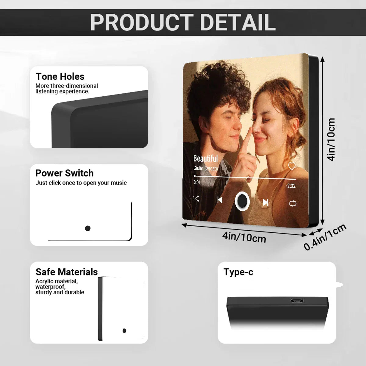 Black rectangular portable speaker with glossy finish and built-in display for custom music album and personalized refrigerator magnets