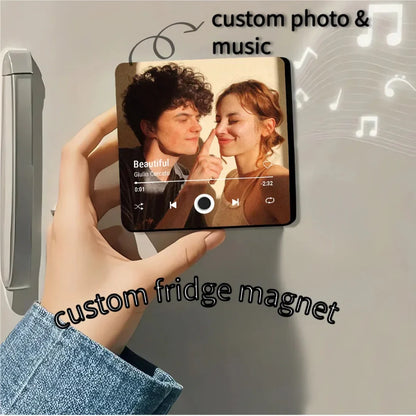Custom glossy square fridge magnet with personalized photo and music player design best christmas gift for girlfriend