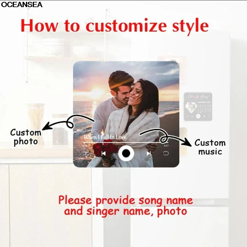 Customized photo music fridge magnet with sleek black interface displaying romantic couple and music controls, best christmas gift