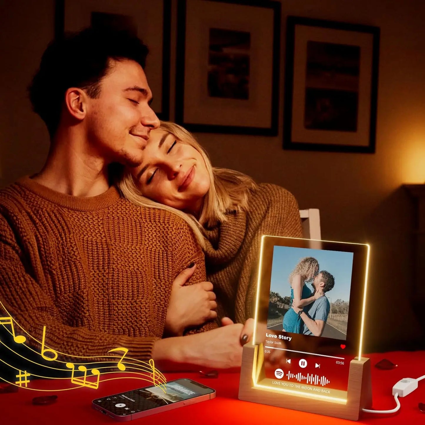 A glowing personalized music plaque with warm backlight, customized spotify music display and wooden base for romantic gifts