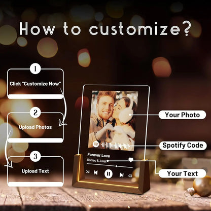 A personalized music plaque with a black wooden base and gold edges displays a custom spotify photo frame lamp