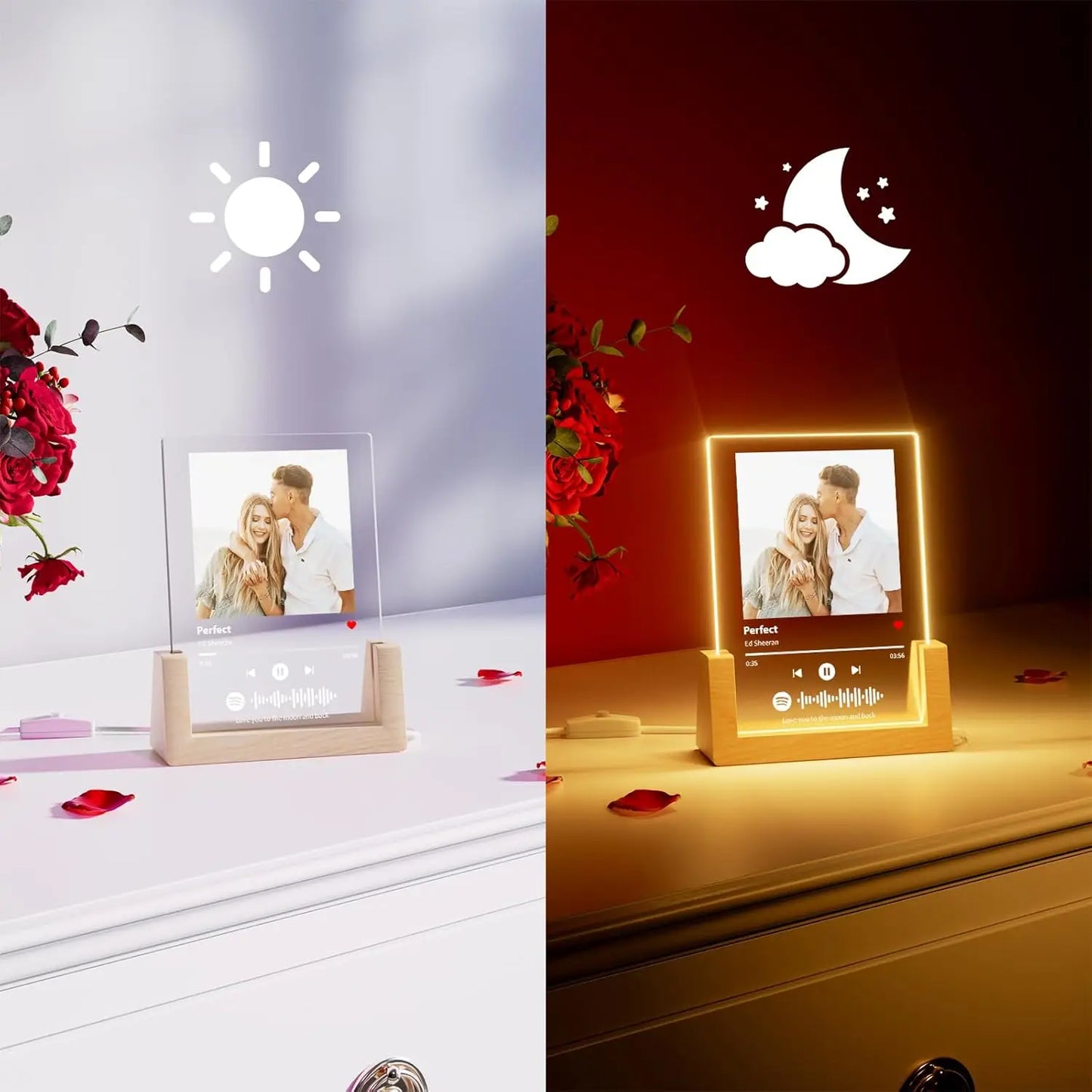 A sleek personalized music plaque with glowing led border and wooden base displays customized spotify music playlist