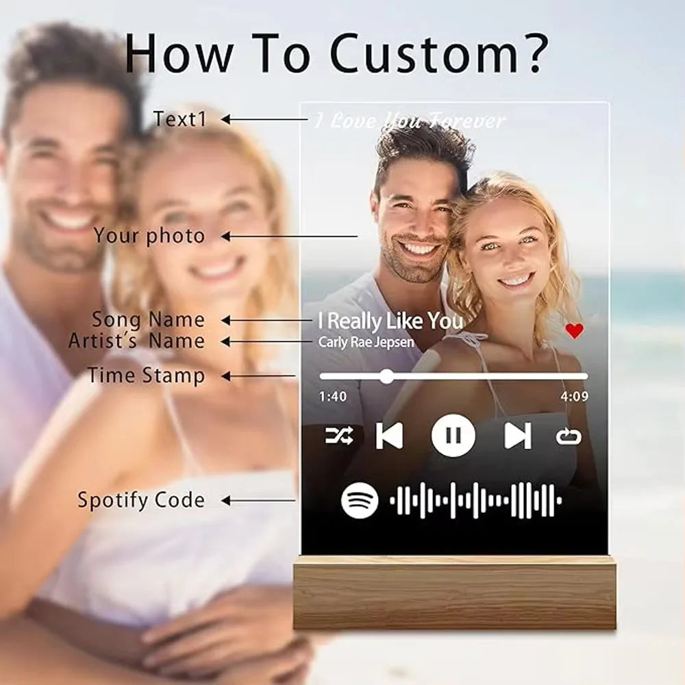 Clear acrylic personalized music plaque with customized spotify music design and wooden base for romantic gifts