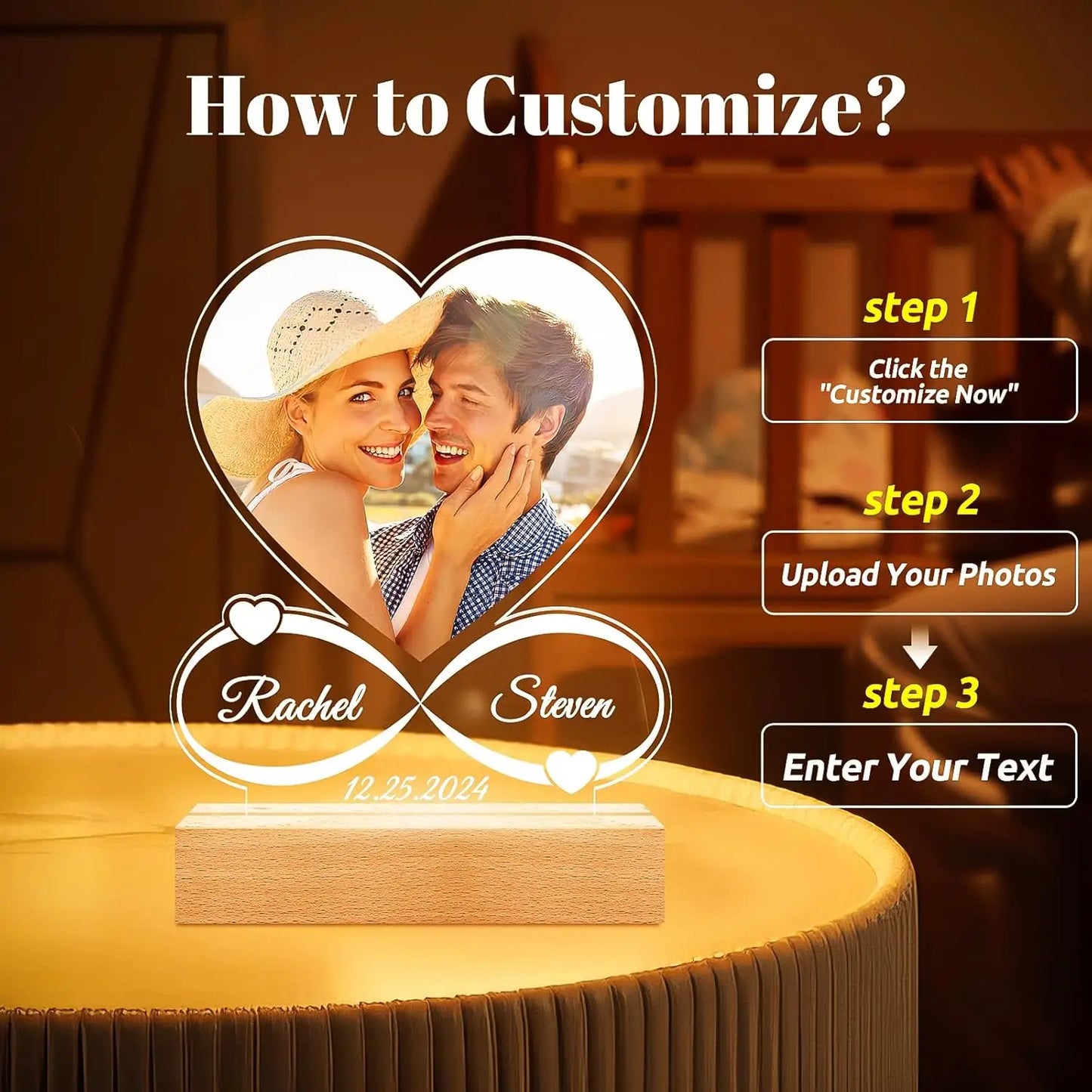 Heart-shaped led light photo frame with infinity design and engraved names on wooden base personalized music plaque