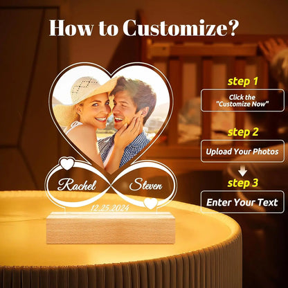 Heart-shaped led light photo frame with infinity design and engraved names on wooden base personalized music plaque