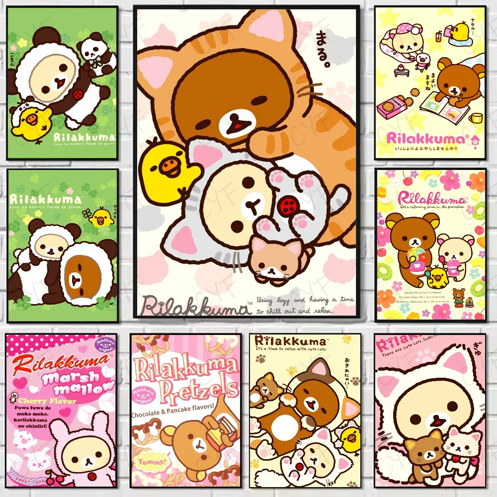 Set of eight colorful rilakkuma-themed framed posters featuring modern graphic design for living room wall art
