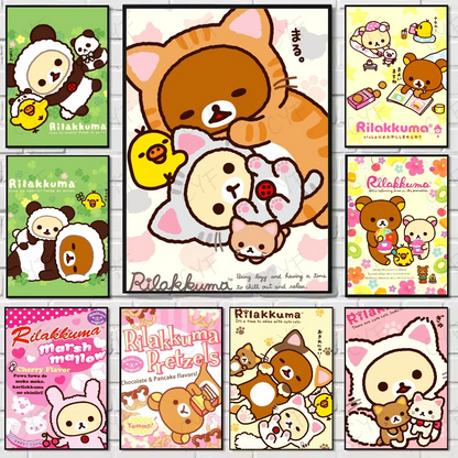 Set of eight colorful rilakkuma-themed framed posters featuring modern graphic design for living room wall art
