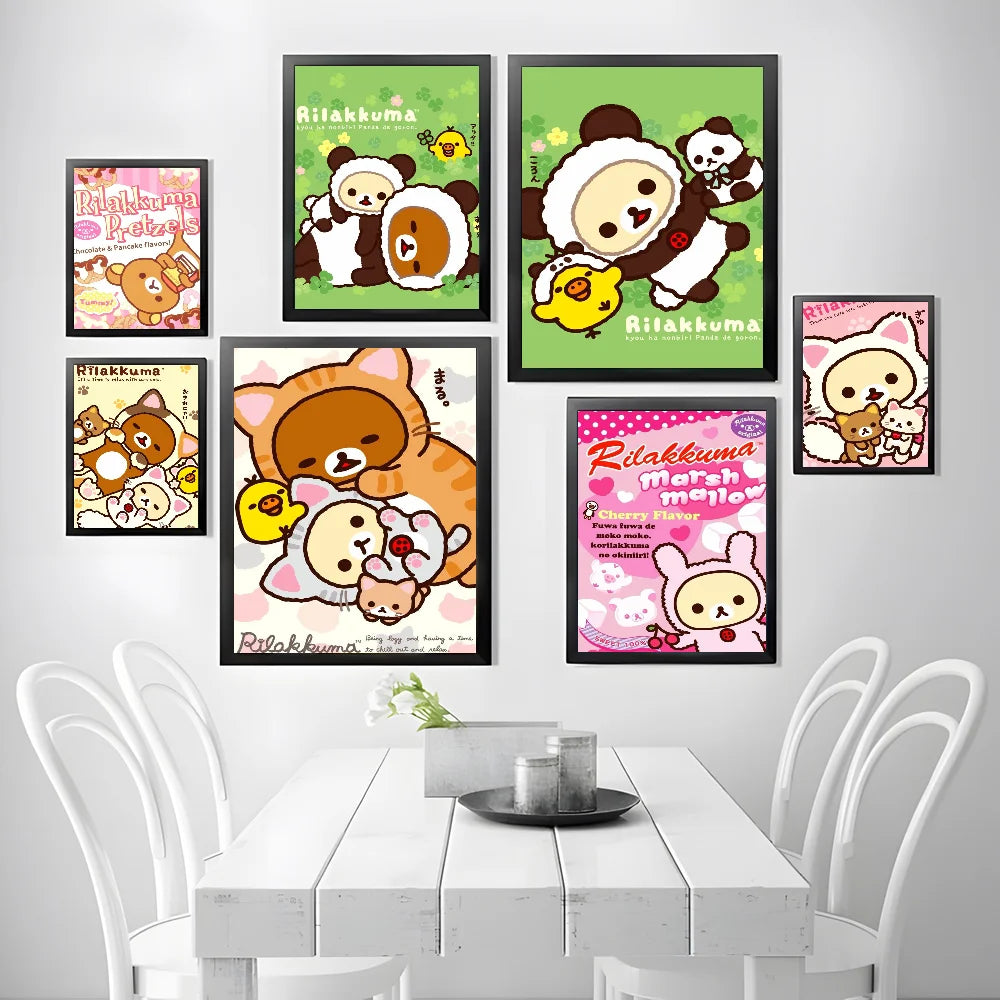 Set of six framed rilakkuma-themed modern graphic wall art prints in black frames for living room or bedroom decor