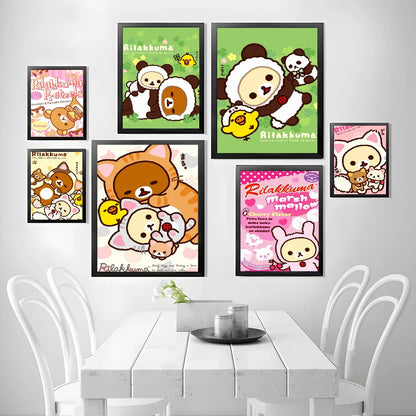 Set of six framed rilakkuma-themed modern graphic wall art prints in black frames for living room or bedroom decor