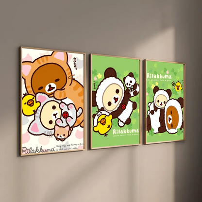 Set of three framed rilakkuma-themed wall art prints in pastel and earthy tones perfect modern graphic for living room decor