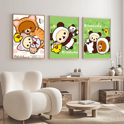Three framed rilakkuma-themed pastel wall art pieces featuring cute cartoons for modern graphic living room decor