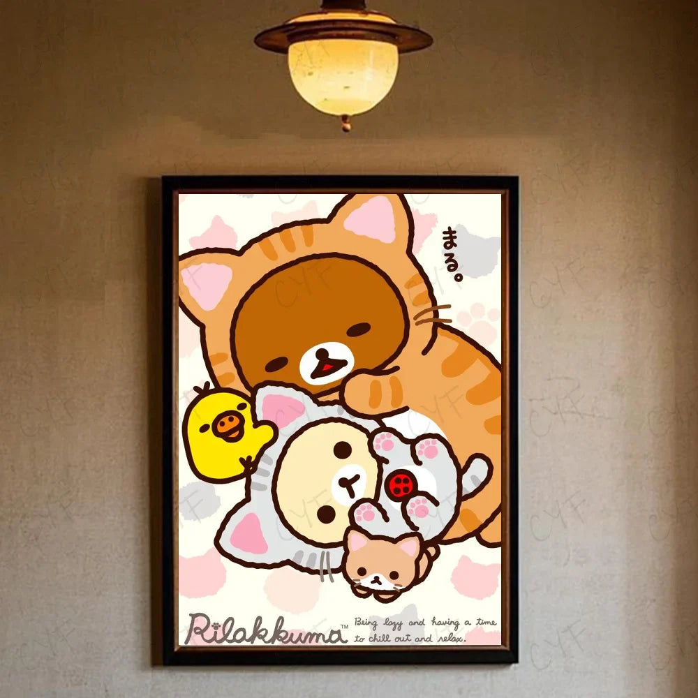 A framed rilakkuma cartoon poster with brown tabby cat white kitten and yellow chick in pastel tones for modern living room wall art