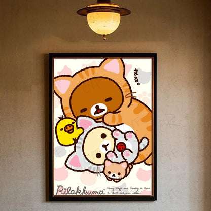 A framed rilakkuma cartoon poster with brown tabby cat white kitten and yellow chick in pastel tones for modern living room wall art