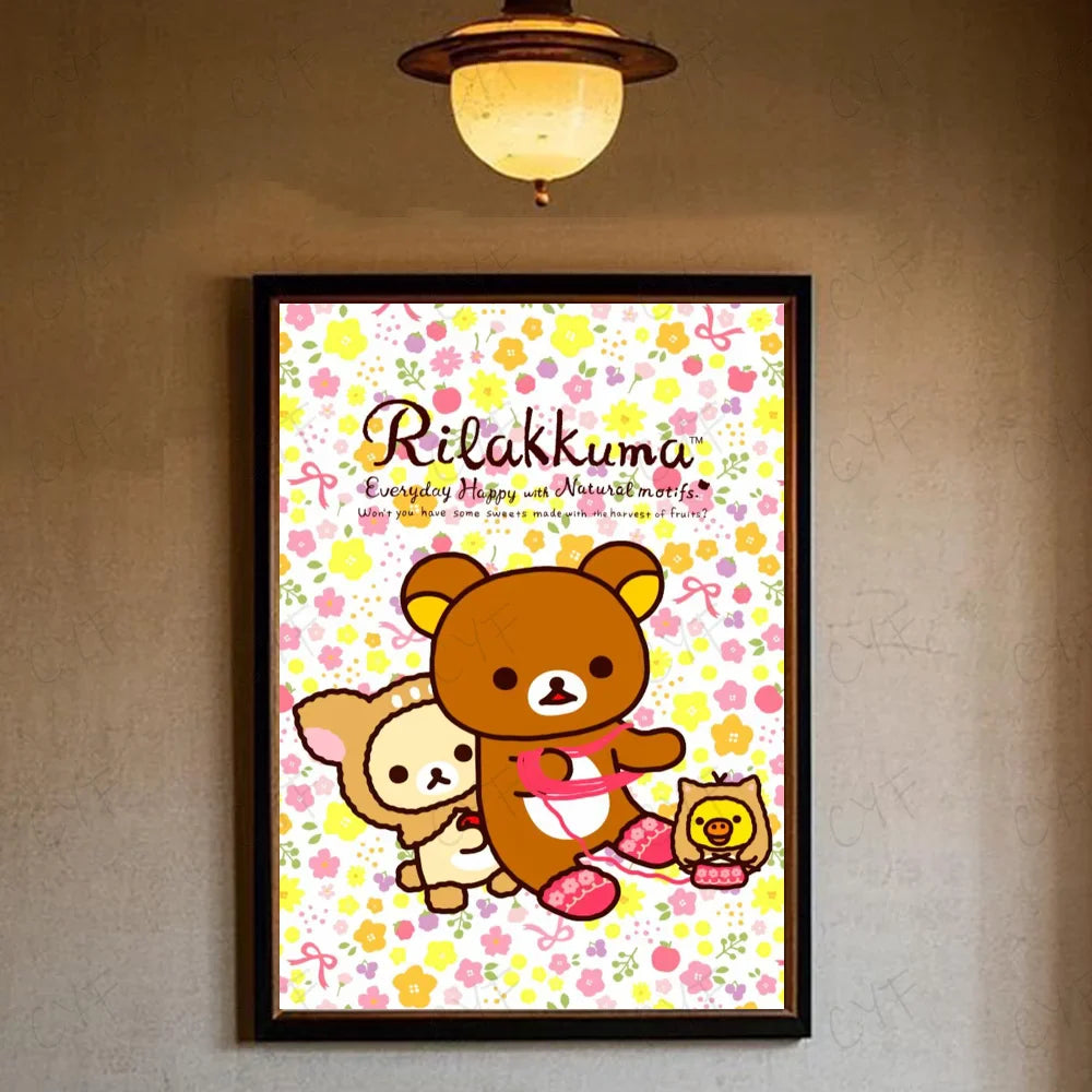 A framed rilakkuma poster with a brown bear, cream fox, and yellow chick featuring modern graphic flowers for living room wall art