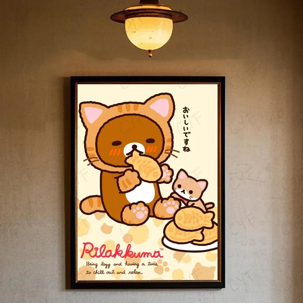A framed rilakkuma poster featuring a brown plush cat with a smaller kitten on a cream paw print background ideal for living room modern graphic wall art