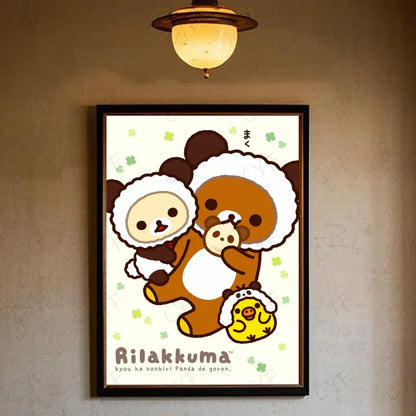 Framed rilakkuma cartoon poster with brown bear and clover pattern on cream background modern graphic for living room