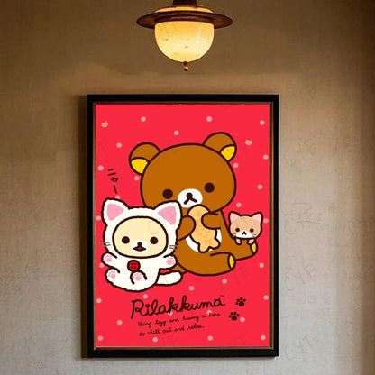 A framed rilakkuma wall art featuring brown bear and white cat on a vibrant red polka dot background for modern living room