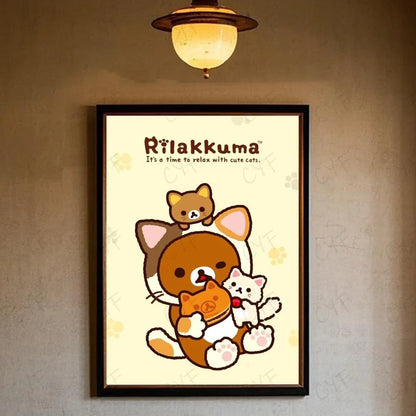Rilakkuma-themed modern graphic framed poster with brown bear and cats on off-white paw print background for living room