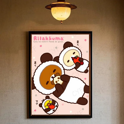 A framed rilakkuma poster featuring three cartoon pandas in fluffy white coats on a soft pink background for modern living room wall art
