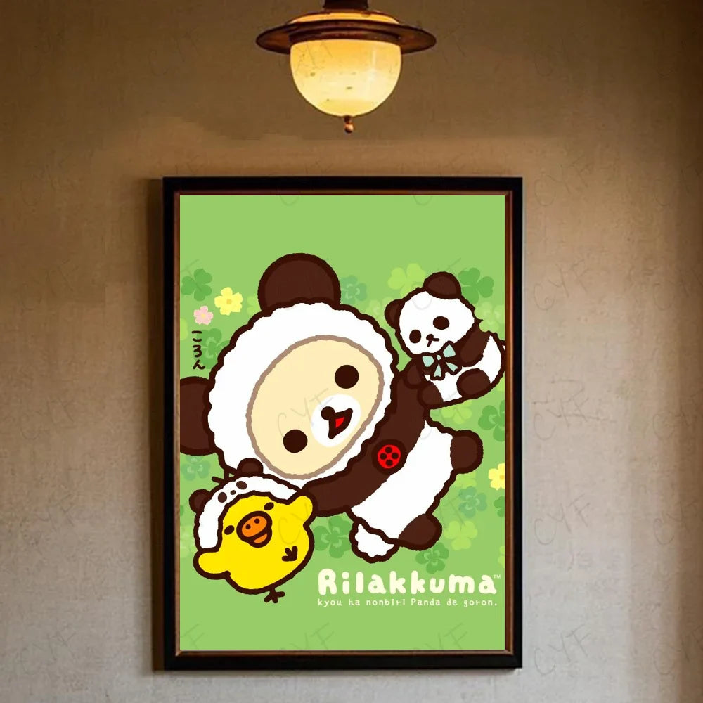 A framed rilakkuma cartoon poster with a fluffy panda and yellow chick on light green background modern graphic for living room
