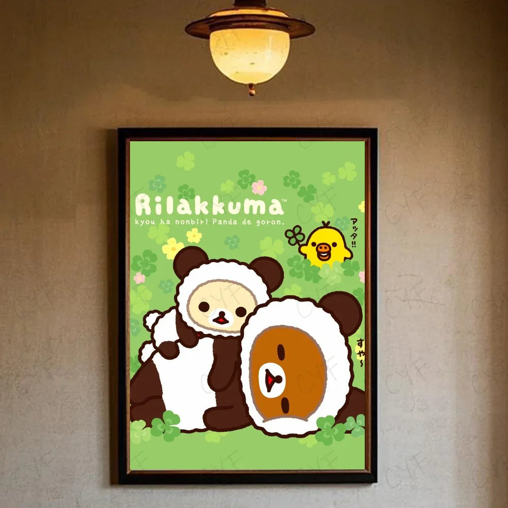 A framed rilakkuma wall art with two plush pandas in white fur coats and a yellow chick on a green clover background perfect for modern living room decor