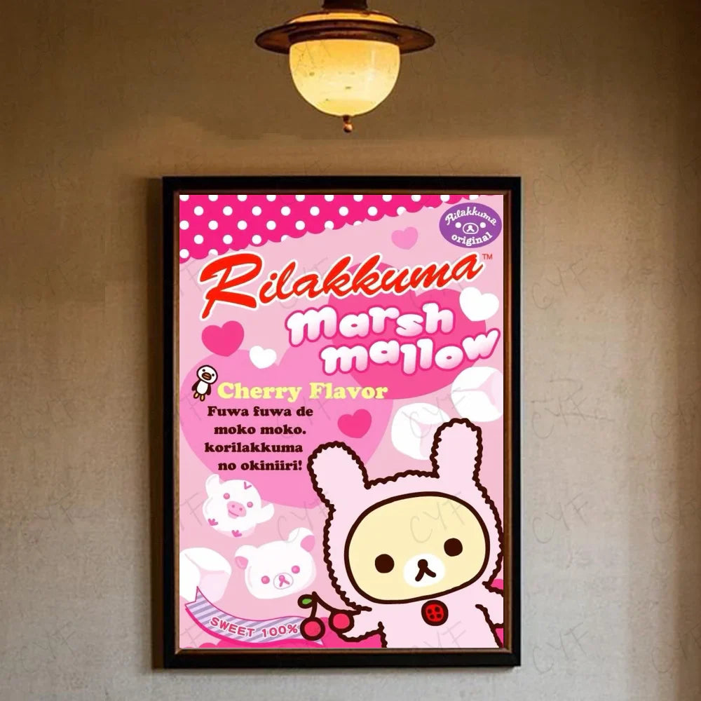 Pink framed rilakkuma marshmallow poster featuring a cartoon bunny in fluffy pink attire holding cherries for modern living room wall art