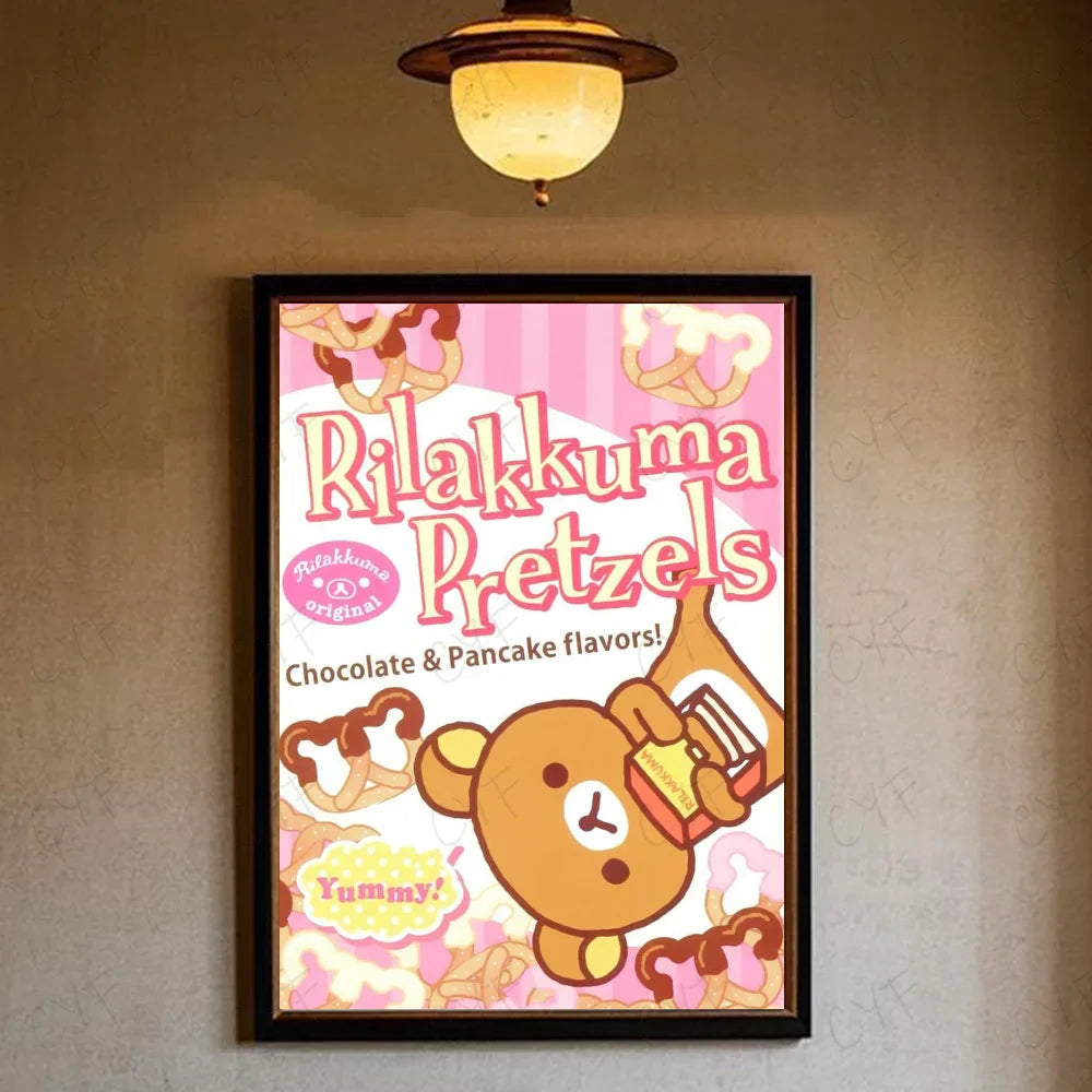 A framed cute cartoon anime r-rilakkuma poster with pink and white modern graphic background for living room wall art