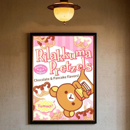 A framed cute cartoon anime r-rilakkuma poster with pink and white modern graphic background for living room wall art