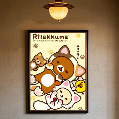 A framed rilakkuma poster with beige background and playful brown, white, and yellow cats for modern living room decor
