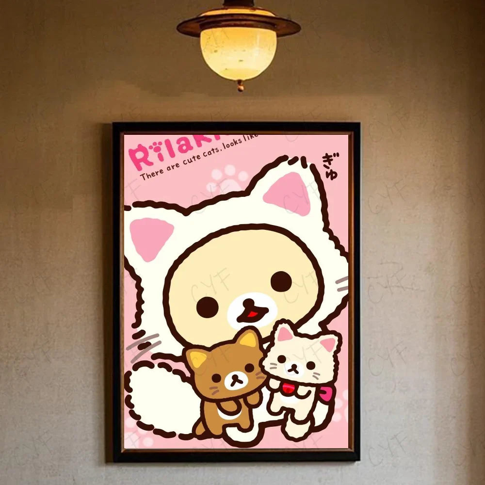 A framed rilakkuma poster featuring a white cat with smaller cats on a soft pink background for modern living room decor