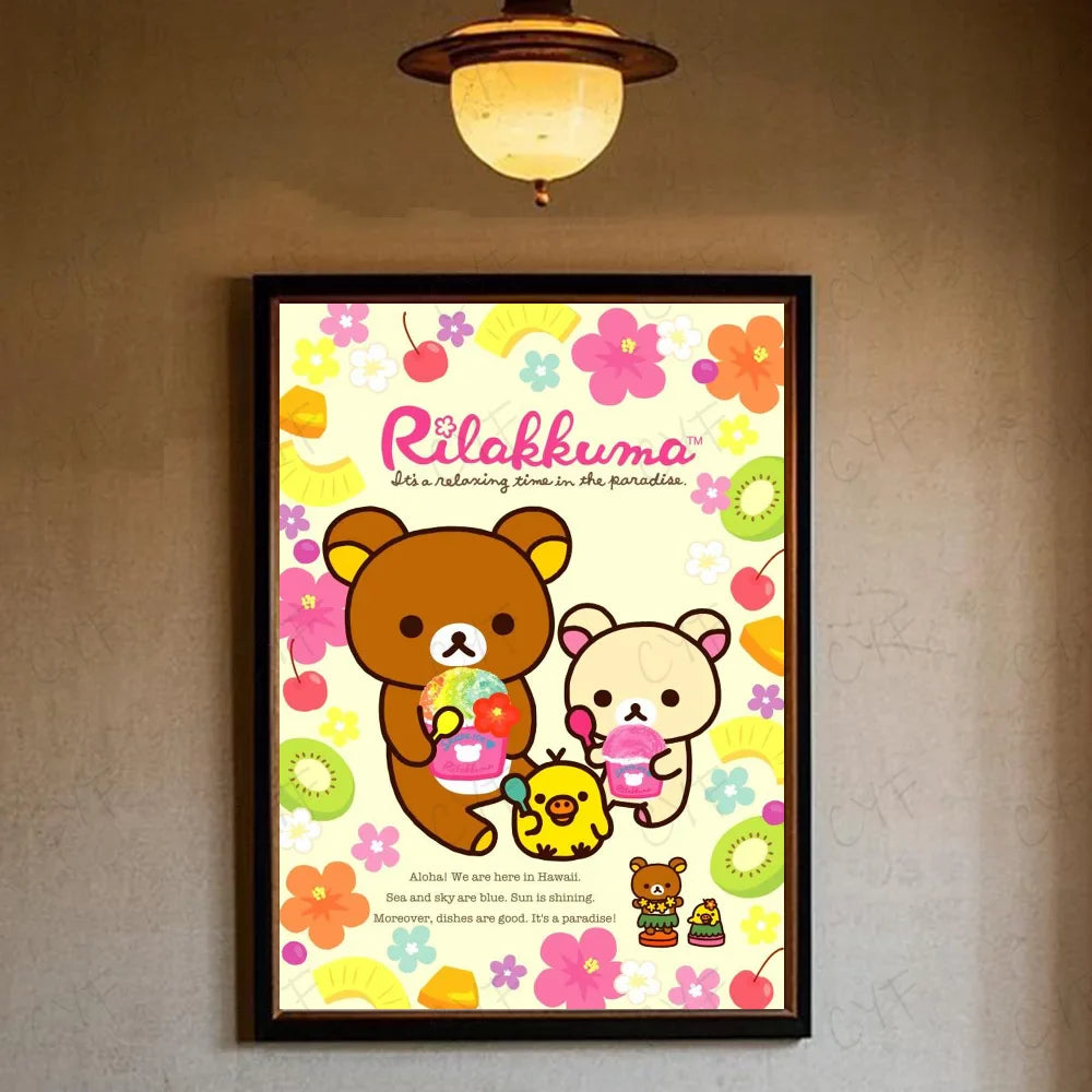 A framed rilakkuma poster featuring brown and cream bears with colorful flowers and fruit for modern living room decor