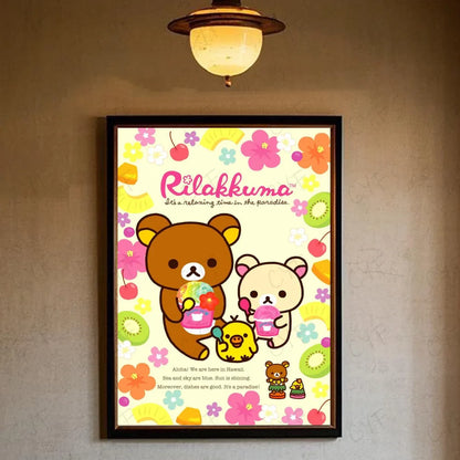 A framed rilakkuma poster featuring brown and cream bears with colorful flowers and fruit for modern living room decor