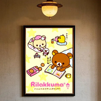 A framed rilakkuma poster with cozy pastel yellow modern graphic accents ideal for living room wall art